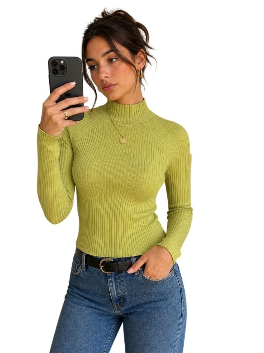 Révue Silk Blend Lime Green Ribbed Mock Neck Sweater Small Fitted Y2K Top